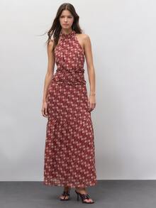 Nöista Burgundy Printed Halter Dress Jacket Long Sleeves Fitted Waist Fall Winter Autumn Wedding Dinner Vacation Guest Formal Event Night Out Boho - Burgundy - View 2