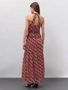 Nöista Burgundy Printed Halter Dress Jacket Long Sleeves Fitted Waist Fall Winter Autumn Wedding Dinner Vacation Guest Formal Event Night Out Boho - Burgundy - View 4