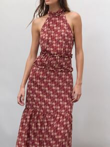 Nöista Burgundy Printed Halter Dress Jacket Long Sleeves Fitted Waist Fall Winter Autumn Wedding Dinner Vacation Guest Formal Event Night Out Boho - Burgundy - View 5