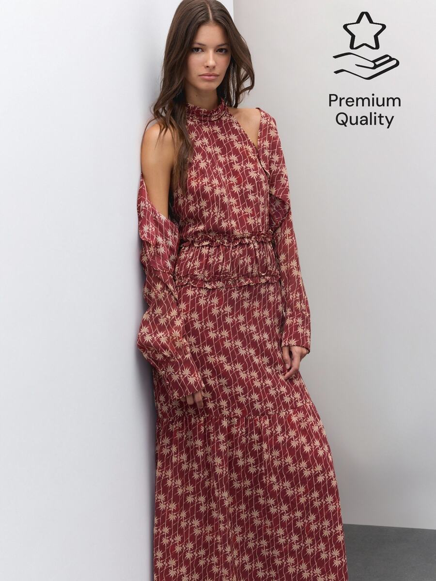Nöista Burgundy Printed Halter Dress Jacket Long Sleeves Fitted Waist Fall Winter Autumn Wedding Dinner Vacation Guest Formal Event Night Out Boho - Burgundy - View 1