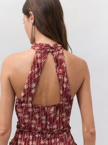Nöista Burgundy Printed Halter Dress Jacket Long Sleeves Fitted Waist Fall Winter Autumn Wedding Dinner Vacation Guest Formal Event Night Out Boho - Burgundy - View 7