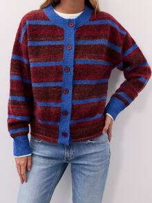 Nöista Cardigan Rajut Bergaris Burgundy dan Biru dengan Leher Bulat, Kancing Depan, Lengan Panjang. Sweater, Musim Gugur, Musim Dingin, Kuliah, Hangat, Halloween. - Burgundy - View 6