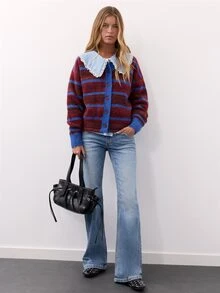 Nöista Cardigan Rajut Bergaris Burgundy dan Biru dengan Leher Bulat, Kancing Depan, Lengan Panjang. Sweater, Musim Gugur, Musim Dingin, Kuliah, Hangat, Halloween. - Burgundy - View 2