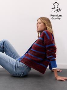 Nöista Cardigan Rajut Bergaris Burgundy dan Biru dengan Leher Bulat, Kancing Depan, Lengan Panjang. Sweater, Musim Gugur, Musim Dingin, Kuliah, Hangat, Halloween. - Burgundy - View 1