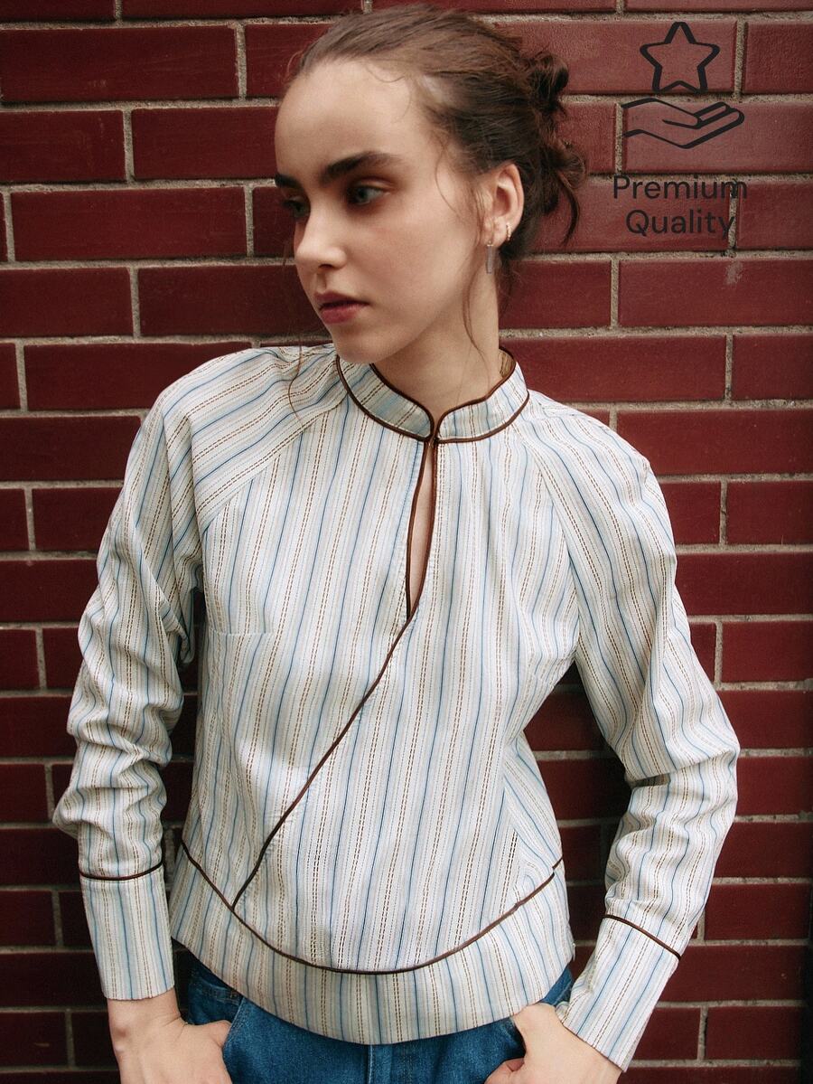 Nöista Blus Bergaris dengan Kerah Mandarin dan Lis Kontras. Musim Gugur/Musim Dingin, Sehari-hari, Kasual, Natal. - Baby Blue - View 1