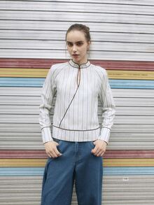 Nöista Blus Bergaris dengan Kerah Mandarin dan Lis Kontras. Musim Gugur/Musim Dingin, Sehari-hari, Kasual, Natal. - Baby Blue - View 2