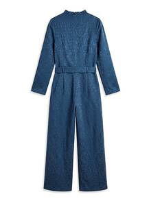 Nöista Navy Satin Jacquard Jumpsuit With Ruffled Collar, Button Front, Tie Belt And Wide Legs.Fall,Winter, Autumn,Weeding Guest, Formal,Christmas. - Royal Blue - View 11