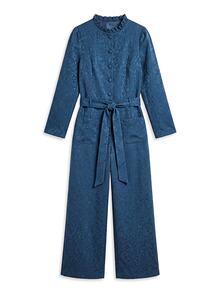 Nöista Navy Satin Jacquard Jumpsuit With Ruffled Collar, Button Front, Tie Belt And Wide Legs.Fall,Winter, Autumn,Weeding Guest, Formal,Christmas. - Royal Blue - View 10