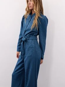 Nöista Navy Satin Jacquard Jumpsuit With Ruffled Collar, Button Front, Tie Belt And Wide Legs.Fall,Winter, Autumn,Weeding Guest, Formal,Christmas. - Royal Blue - View 5