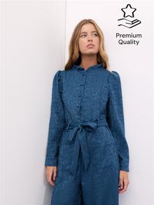 Nöista Navy Satin Jacquard Jumpsuit With Ruffled Collar, Button Front, Tie Belt And Wide Legs.Fall,Winter, Autumn,Weeding Guest, Formal,Christmas. - Royal Blue - View 1
