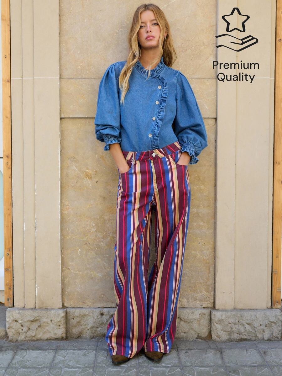Nöista Vertical Striped Wide-Leg Jeans. Versatile Everyday, Suitable Casual Outings, Commuting, Parties; Easily Paired Anything. Fall Winter, Going Out - Red Violet - View 1