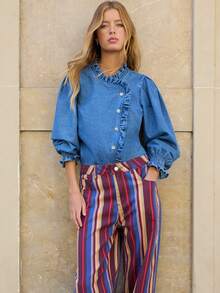 Nöista Vertical Striped Wide-Leg Jeans. Versatile Everyday, Suitable Casual Outings, Commuting, Parties; Easily Paired Anything. Fall Winter, Going Out - Red Violet - View 6