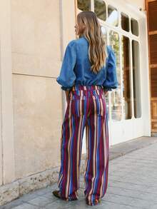 Nöista Vertical Striped Wide-Leg Jeans. Versatile Everyday, Suitable Casual Outings, Commuting, Parties; Easily Paired Anything. Fall Winter, Going Out - Red Violet - View 5