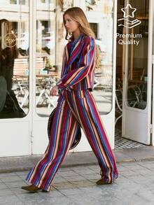 Nöista Vertical Striped Wide-Leg Jeans. Versatile Everyday, Suitable Casual Outings, Commuting, Parties; Easily Paired Anything. Fall Winter, Going Out - Red Violet - View 3