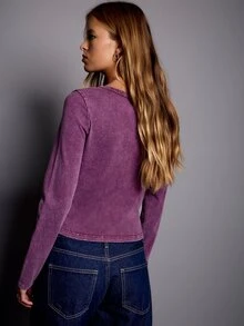 Nöista Slim-Fit, Long-Sleeved Top Hazy Pink Wash. Distressed Finish. Y2K, Casual, Stretchy, Soft, Dates, Parties, Commuting. Fall Winter,Going Out - Burgundy - View 5