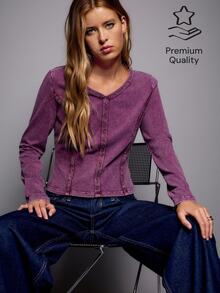 Nöista Slim-Fit, Long-Sleeved Top Hazy Pink Wash. Distressed Finish. Y2K, Casual, Stretchy, Soft, Dates, Parties, Commuting. Fall Winter,Going Out - Burgundy - View 3
