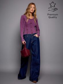 Nöista Slim-Fit, Long-Sleeved Top Hazy Pink Wash. Distressed Finish. Y2K, Casual, Stretchy, Soft, Dates, Parties, Commuting. Fall Winter,Going Out - Burgundy - View 1