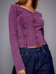 Nöista Slim-Fit, Long-Sleeved Top Hazy Pink Wash. Distressed Finish. Y2K, Casual, Stretchy, Soft, Dates, Parties, Commuting. Fall Winter,Going Out - Burgundy - View 4