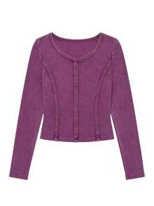 Nöista Slim-Fit, Long-Sleeved Top Hazy Pink Wash. Distressed Finish. Y2K, Casual, Stretchy, Soft, Dates, Parties, Commuting. Fall Winter,Going Out - Burgundy - View 7