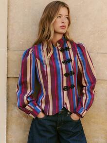 Nöista Vertical Striped, Chinese Stand-Up Collar, Long-Sleeved Jacket. Slim Fit, Cropped, Parties, Dates, Dinners, Commuting.Fall/Winter,Casual.Versatile. - Red Violet - View 4