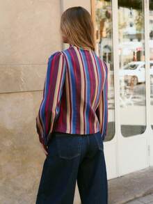 Nöista Vertical Striped, Chinese Stand-Up Collar, Long-Sleeved Jacket. Slim Fit, Cropped, Parties, Dates, Dinners, Commuting.Fall/Winter,Casual.Versatile. - Red Violet - View 7