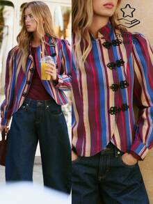 Nöista Vertical Striped, Chinese Stand-Up Collar, Long-Sleeved Jacket. Slim Fit, Cropped, Parties, Dates, Dinners, Commuting.Fall/Winter,Casual.Versatile. - Red Violet - View 3