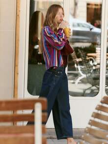 Nöista Vertical Striped, Chinese Stand-Up Collar, Long-Sleeved Jacket. Slim Fit, Cropped, Parties, Dates, Dinners, Commuting.Fall/Winter,Casual.Versatile. - Red Violet - View 8