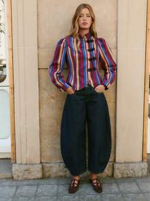 Nöista Vertical Striped, Chinese Stand-Up Collar, Long-Sleeved Jacket. Slim Fit, Cropped, Parties, Dates, Dinners, Commuting.Fall/Winter,Casual.Versatile. - Red Violet - View 2