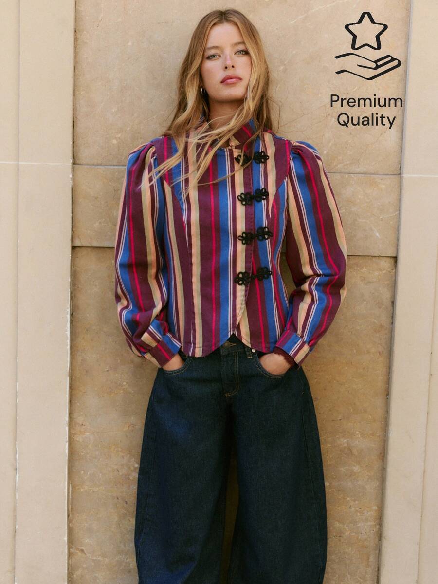 Nöista Vertical Striped, Chinese Stand-Up Collar, Long-Sleeved Jacket. Slim Fit, Cropped, Parties, Dates, Dinners, Commuting.Fall/Winter,Casual.Versatile. - Red Violet - View 1
