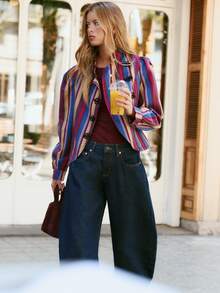 Nöista Vertical Striped, Chinese Stand-Up Collar, Long-Sleeved Jacket. Slim Fit, Cropped, Parties, Dates, Dinners, Commuting.Fall/Winter,Casual.Versatile. - Red Violet - View 14