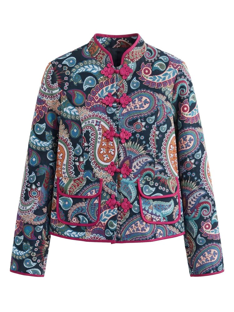 Nöista Chinese-Style Paisley Short Jacket Chinese Knot Buttons. Fitted Silhouette, Retro Glamorous,Fall/Winter, Going Out, Elegant Party. - Black - View 7