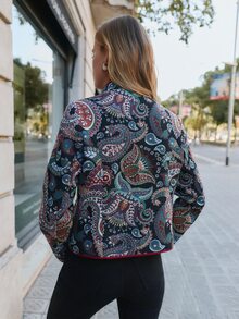 Nöista Chinese-Style Paisley Short Jacket Chinese Knot Buttons. Fitted Silhouette, Retro Glamorous,Fall/Winter, Going Out, Elegant Party. - Black - View 2