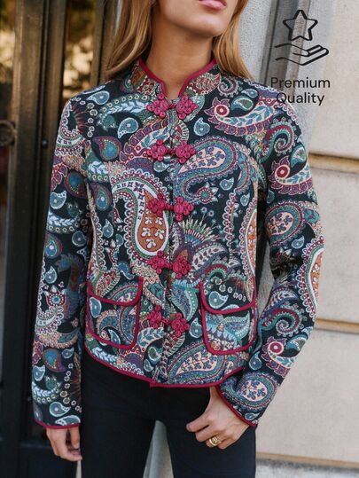 Nöista Chinese-Style Paisley Short Jacket Chinese Knot Buttons. Fitted Silhouette, Retro Glamorous,Fall/Winter, Going Out, Elegant Party.