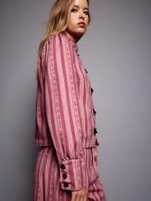 Nöista Chinese-Style Stand-Up Collar, Striped,Short-Sleeved Jacket Frog Buttons.Fitted, Practical,Versatile,Casual,Y2K,Preppy,Commutes.Fall Winter,Going Out - Hot Pink - View 5
