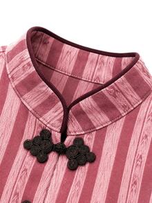 Nöista Chinese-Style Stand-Up Collar, Striped,Short-Sleeved Jacket Frog Buttons.Fitted, Practical,Versatile,Casual,Y2K,Preppy,Commutes.Fall Winter,Going Out - Hot Pink - View 11