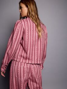 Nöista Chinese-Style Stand-Up Collar, Striped,Short-Sleeved Jacket Frog Buttons.Fitted, Practical,Versatile,Casual,Y2K,Preppy,Commutes.Fall Winter,Going Out - Hot Pink - View 6