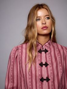 Nöista Chinese-Style Stand-Up Collar, Striped,Short-Sleeved Jacket Frog Buttons.Fitted, Practical,Versatile,Casual,Y2K,Preppy,Commutes.Fall Winter,Going Out - Hot Pink - View 2