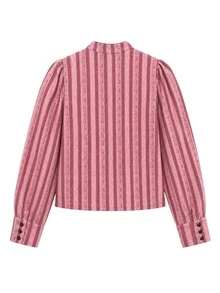 Nöista Chinese-Style Stand-Up Collar, Striped,Short-Sleeved Jacket Frog Buttons.Fitted, Practical,Versatile,Casual,Y2K,Preppy,Commutes.Fall Winter,Going Out - Hot Pink - View 8