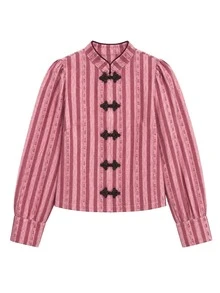 Nöista Chinese-Style Stand-Up Collar, Striped,Short-Sleeved Jacket Frog Buttons.Fitted, Practical,Versatile,Casual,Y2K,Preppy,Commutes.Fall Winter,Going Out - Hot Pink - View 7