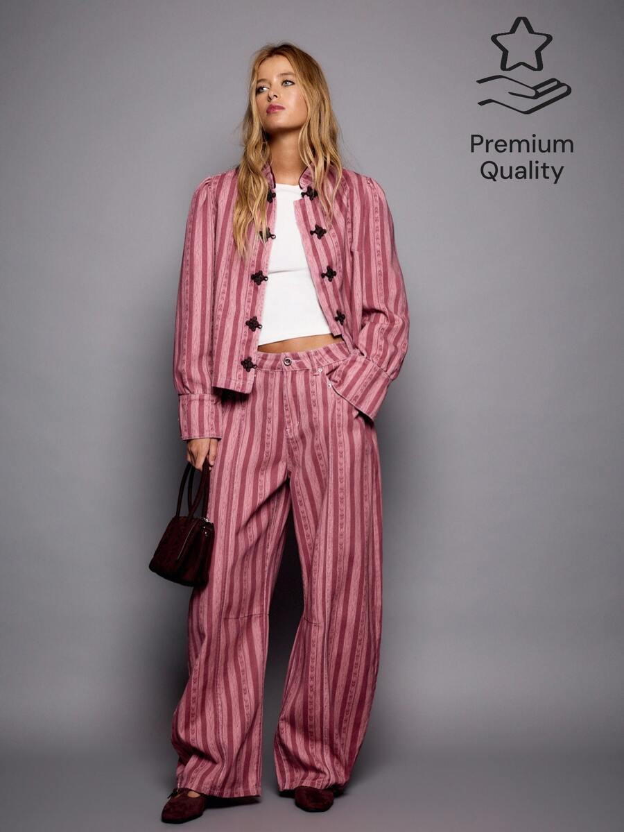 Nöista Chinese-Style Stand-Up Collar, Striped,Short-Sleeved Jacket Frog Buttons.Fitted, Practical,Versatile,Casual,Y2K,Preppy,Commutes.Fall Winter,Going Out - Hot Pink - View 1