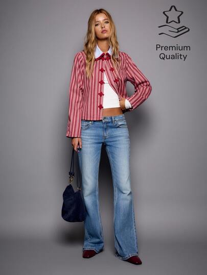 Nöista Short Denim Jacket Chinese-Style Striped Color-Blocked Lapel. Preppy Playful. Girlish, Casual, Sweet, Everyday Wear Festive Parties. Fall Winter,Going Out
