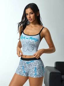 Rick and Morty X SHEIN طقم ملابس داخلية نسائي بطبعة كرتونية وحروف بتصميم كاميسول - رمادي - مشاهدة 7
