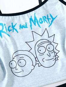 Rick and Morty X SHEIN طقم ملابس داخلية نسائي بطبعة كرتونية وحروف بتصميم كاميسول - رمادي - مشاهدة 10
