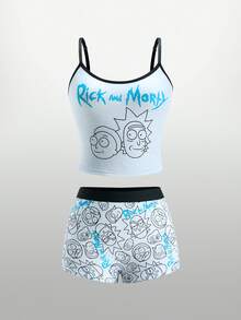 Rick and Morty X SHEIN طقم ملابس داخلية نسائي بطبعة كرتونية وحروف بتصميم كاميسول - رمادي - مشاهدة 3