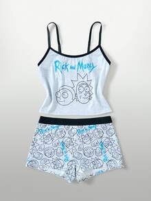 Rick and Morty X SHEIN طقم ملابس داخلية نسائي بطبعة كرتونية وحروف بتصميم كاميسول - رمادي - مشاهدة 9