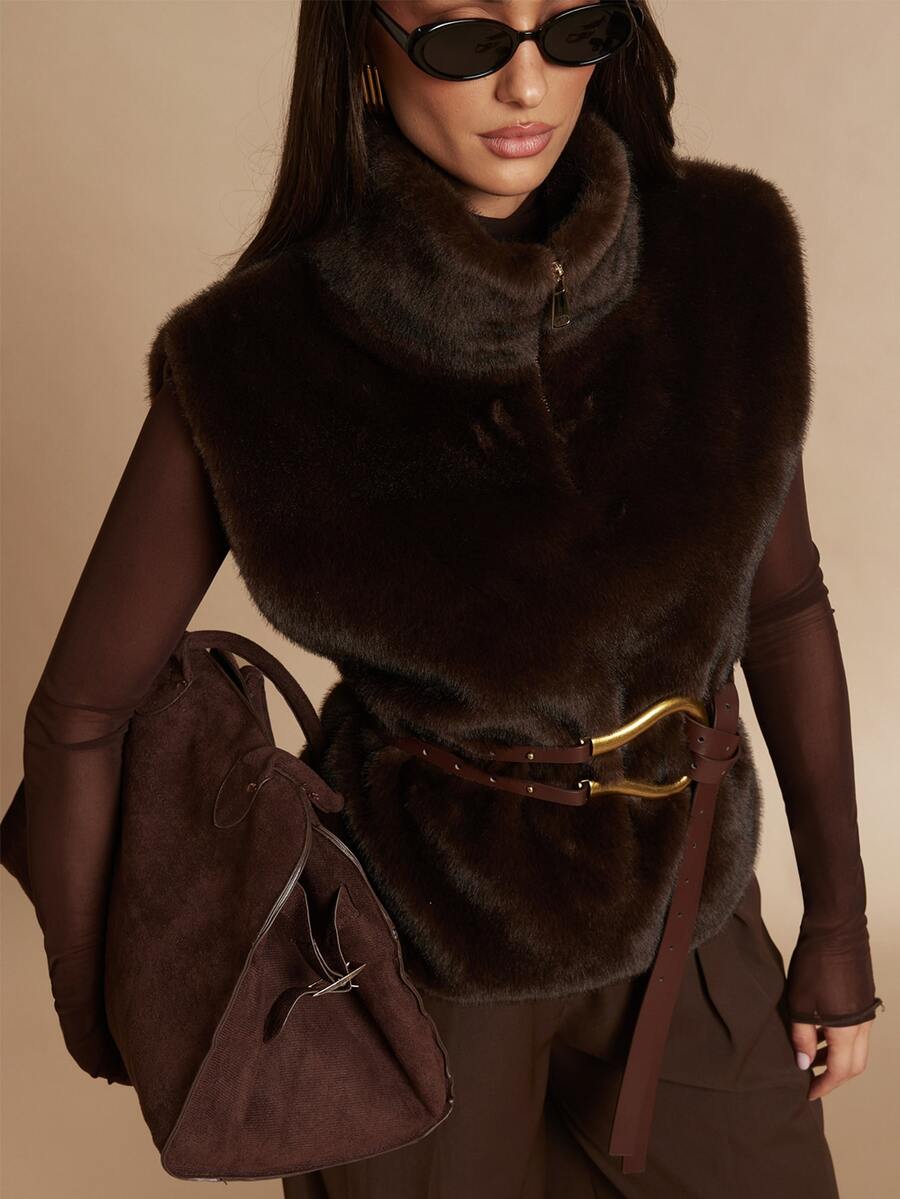 Silquee This Women's Faux Fur Jacket For Autumn And Winter Features A Front Zipper (Belt Not Included) And Offers Warmth; With Its Retro Street Style, - Apricot - View 1