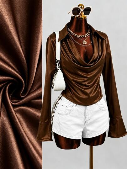 Mistrie Women's Fashion French Elegant Sexy Cowl Neck Satin Blouse Business Cocktail Dinner Night Out Coffee Brown Fall Thanksgiving
