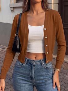 SHEIN Women's Solid Color Long Sleeve Single-Breasted Lightweight Cardigan - Brown - View 7