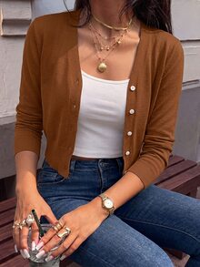 SHEIN Women's Solid Color Long Sleeve Single-Breasted Lightweight Cardigan - Brown - View 6
