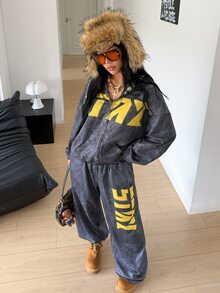 StreetHx Y2K High Street Style Stone Washed Grey Cropped Zip-Up Cardigan + Loose Wide Leg Pants Set, Yellow Letter Print Sporty 2 Pieces Set - Grey - View 5
